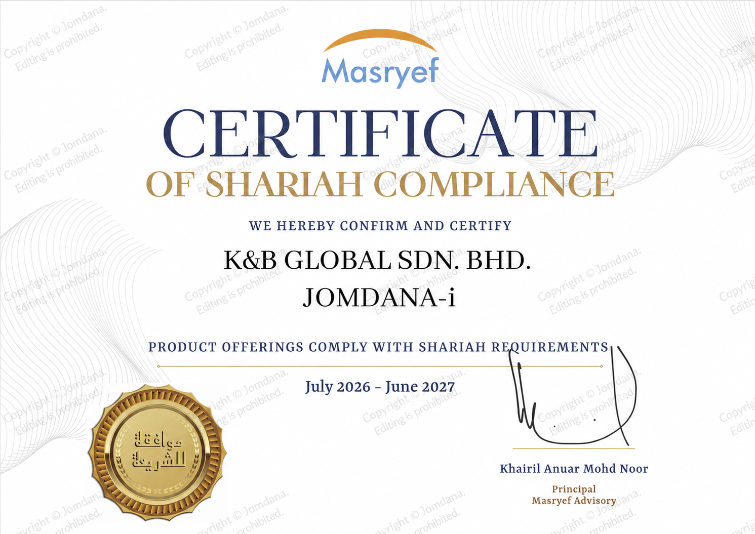Masryef Certificate of Shariah Compliance for Jomdana-i