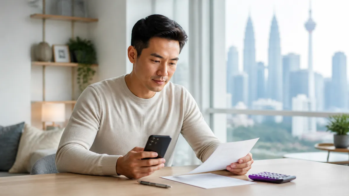 Seorang dewasa bekerja menyemak telefon dan dokumen pembiayaan.