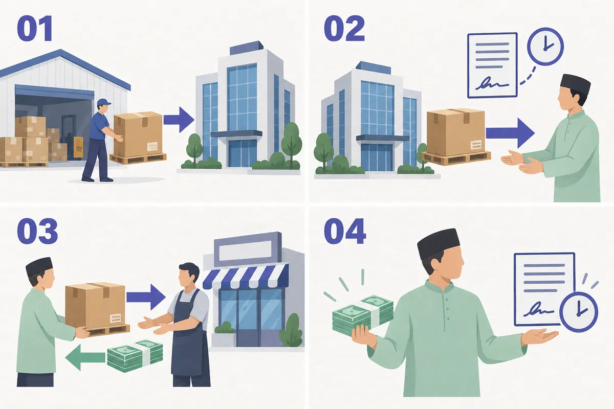 Empat panel Tawarruq menunjukkan pemilikan komoditi berpindah daripada pembekal kepada penyedia, pelanggan dan pembeli pihak ketiga, diikuti hasil tunai serta tanggungan bayaran tertangguh.