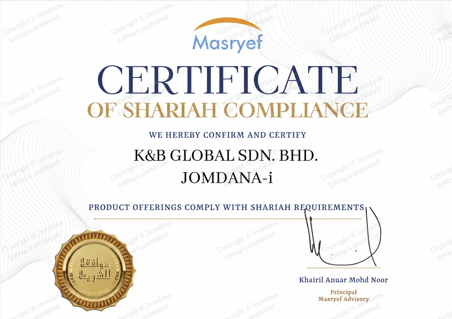 Official Shariah Compliance Certificate for Jomdana-i issued by Masryef Advisory