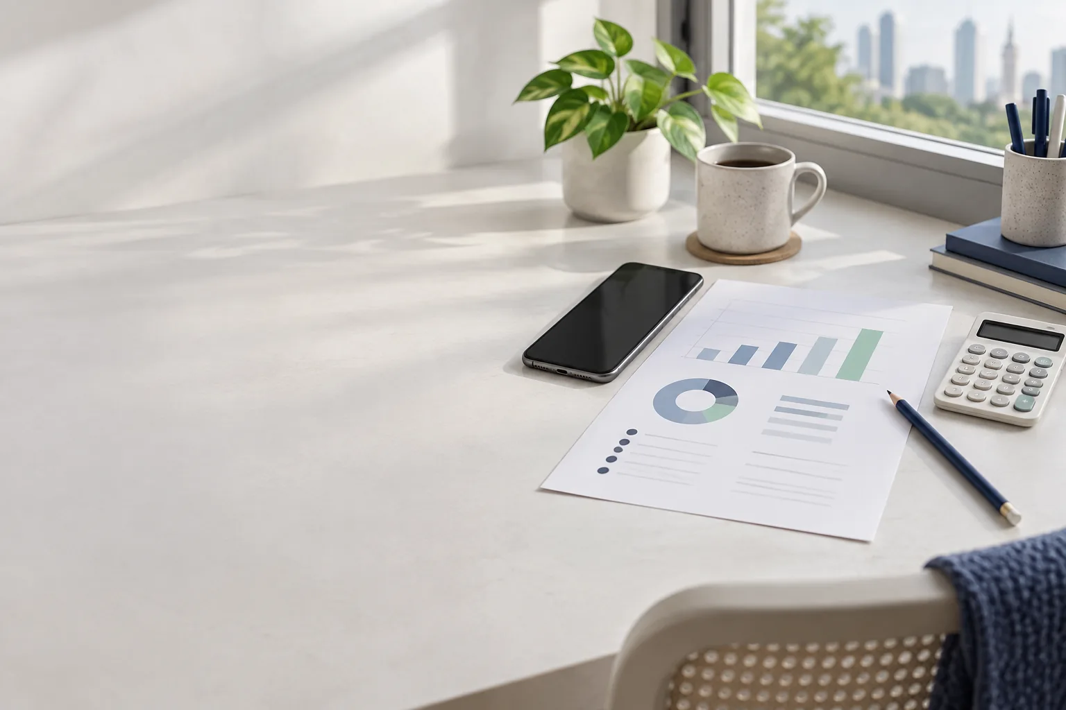 Editorial illustration of a budget-planning desk with a phone, calculator and simple documents