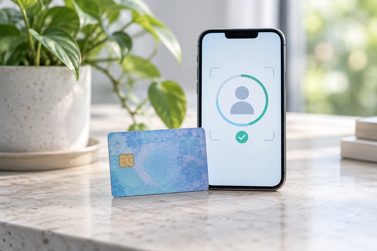 Editorial illustration of a digital identity verification process with a phone and card without personal information