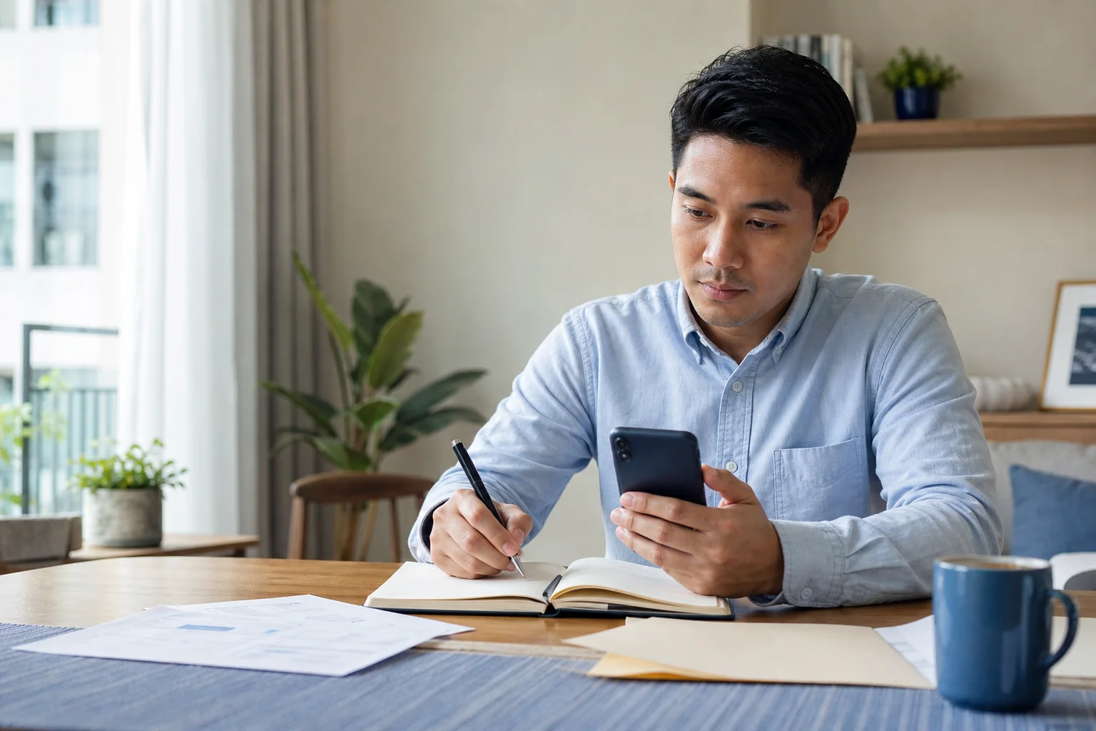 Seorang pengguna Malaysia menyemak telefon dan mencatat bajet sebelum memilih pilihan kewangan